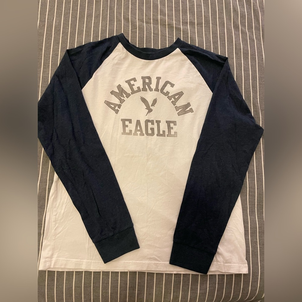 American Eagle Navy and White Graphic Long Sleeve Baseball Tee